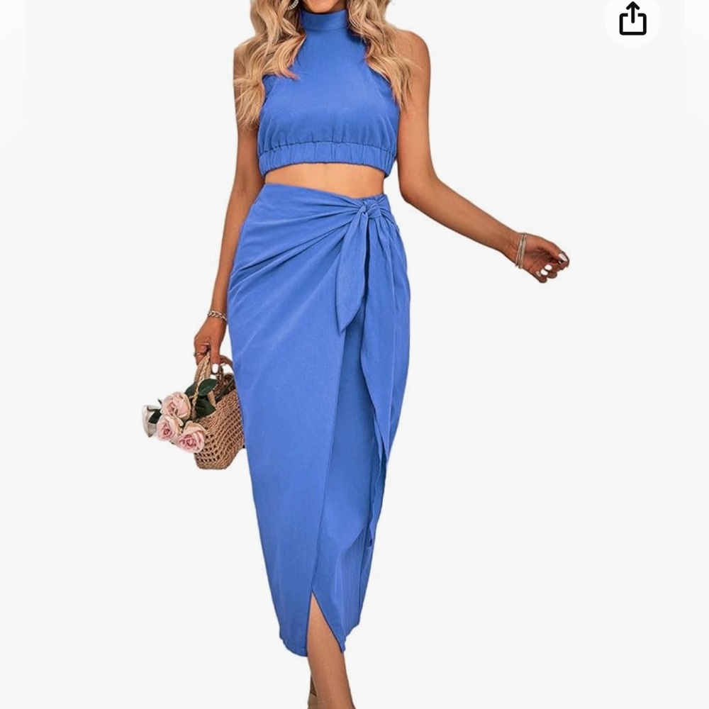 Two piece halter cropped top with draped ruched skirt